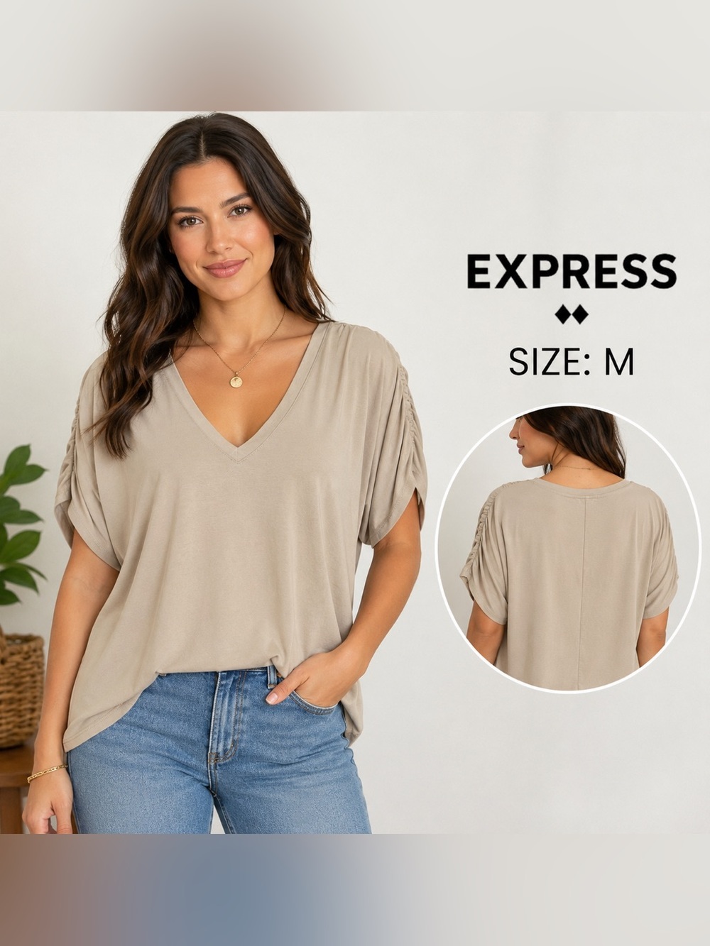 Express Women’s Beige V-Neck Ruched Sleeve Dolman minimalist casual Top Size M